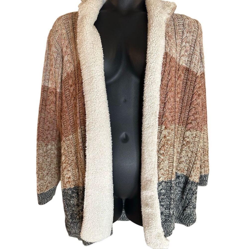 Lety & Me Women's Size 2X Brown Black Colorblock Fleece Lined Cardigan Sweater